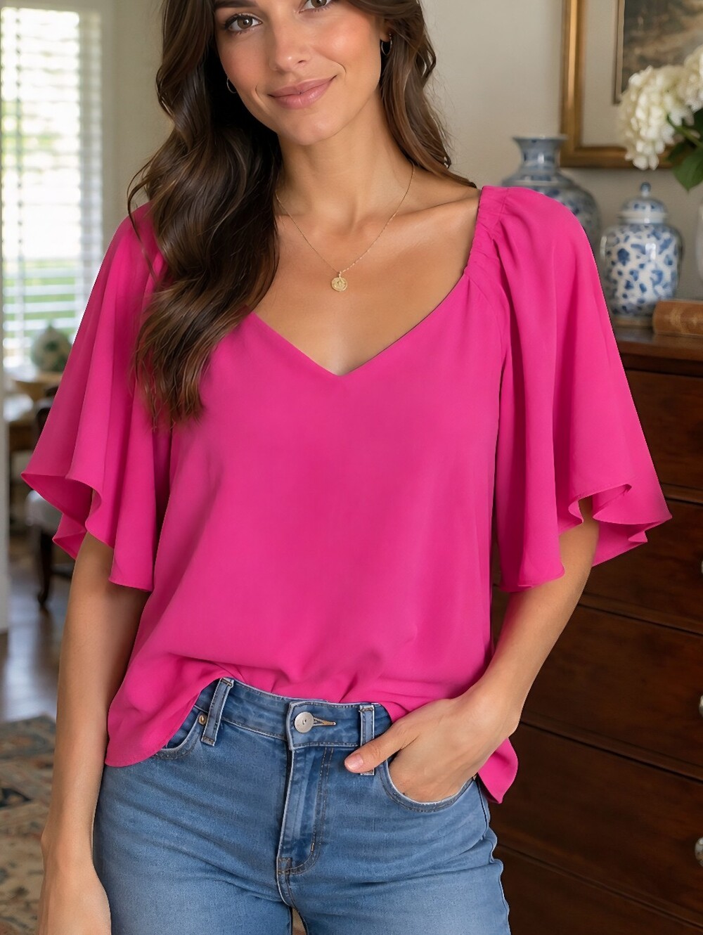 NWT Anna Caye Women's Fuchsia Flutter Sleeve V-Neck Blouse Size Large